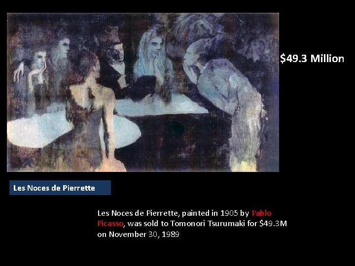 $49. 3 Million Les Noces de Pierrette, painted in 1905 by Pablo Picasso, was $49. 3 Million Les Noces de Pierrette, painted in 1905 by Pablo Picasso, was