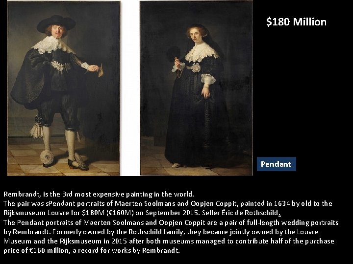 $180 Million Pendant Rembrandt, is the 3 rd most expensive painting in the world. $180 Million Pendant Rembrandt, is the 3 rd most expensive painting in the world.