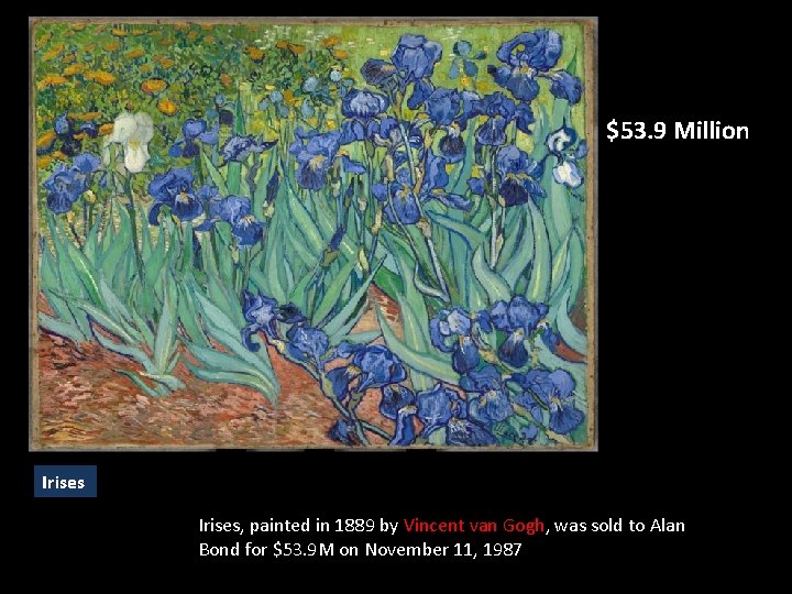 $53. 9 Million Irises, painted in 1889 by Vincent van Gogh, was sold to $53. 9 Million Irises, painted in 1889 by Vincent van Gogh, was sold to