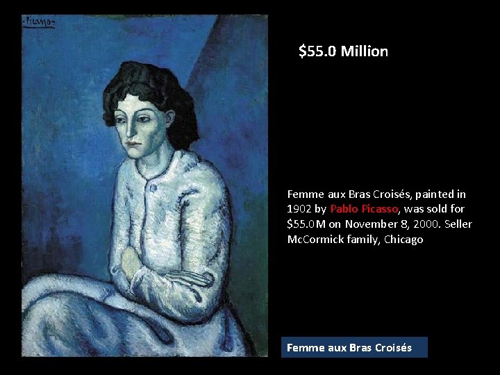 $55. 0 Million Femme aux Bras Croisés, painted in 1902 by Pablo Picasso, was $55. 0 Million Femme aux Bras Croisés, painted in 1902 by Pablo Picasso, was