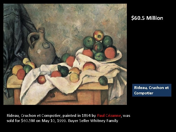$60. 5 Million Rideau, Cruchon et Compotier, painted in 1894 by Paul Cézanne, was $60. 5 Million Rideau, Cruchon et Compotier, painted in 1894 by Paul Cézanne, was