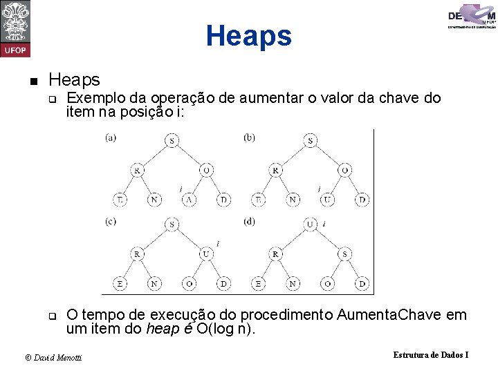 Heaps n Heaps q Exemplo da operação de aumentar o valor da chave do