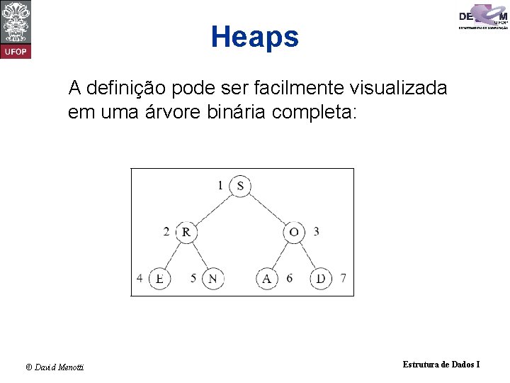 Heaps A definição pode ser facilmente visualizada em uma árvore binária completa: © David