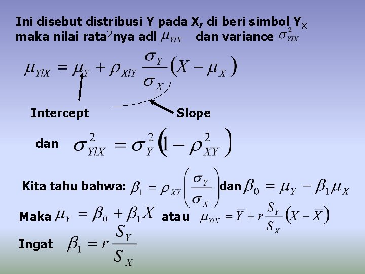 Ini disebut distribusi Y pada X, di beri simbol Y X maka nilai rata