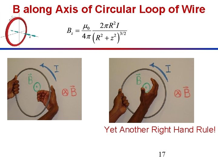 B along Axis of Circular Loop of Wire Yet Another Right Hand Rule! 17 B along Axis of Circular Loop of Wire Yet Another Right Hand Rule! 17