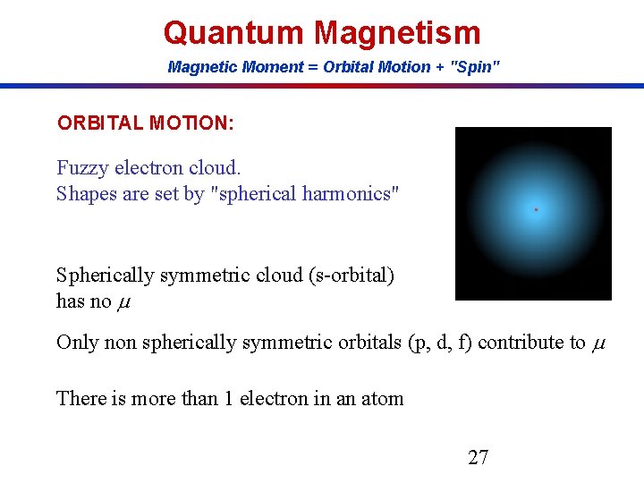Quantum Magnetism Magnetic Moment = Orbital Motion + "Spin" ORBITAL MOTION: Fuzzy electron cloud. Quantum Magnetism Magnetic Moment = Orbital Motion + "Spin" ORBITAL MOTION: Fuzzy electron cloud.