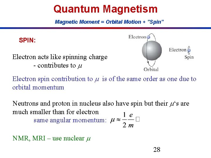 Quantum Magnetism Magnetic Moment = Orbital Motion + "Spin" SPIN: Electron acts like spinning Quantum Magnetism Magnetic Moment = Orbital Motion + "Spin" SPIN: Electron acts like spinning