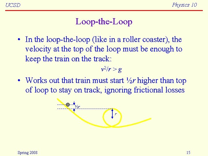 Physics 10 UCSD Loop-the-Loop • In the loop-the-loop (like in a roller coaster), the