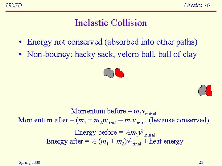 Physics 10 UCSD Inelastic Collision • Energy not conserved (absorbed into other paths) •