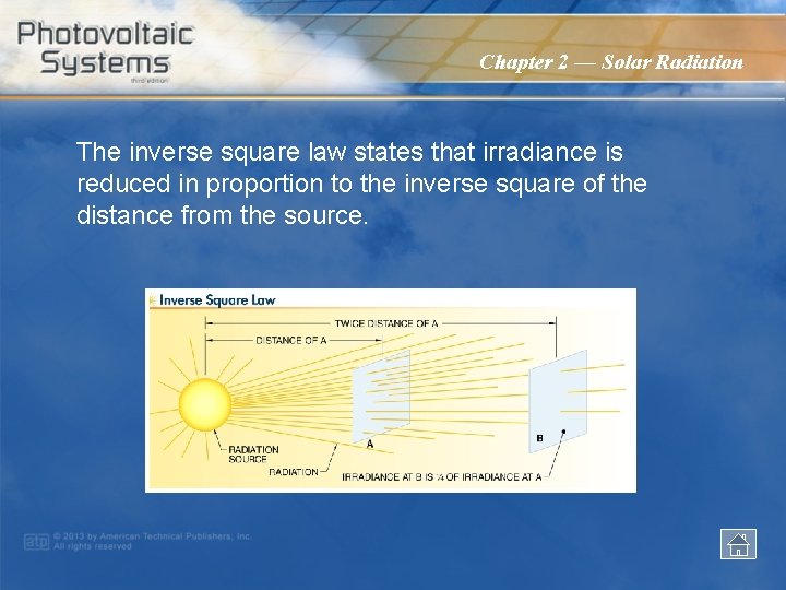 Chapter 2 — Solar Radiation The inverse square law states that irradiance is reduced