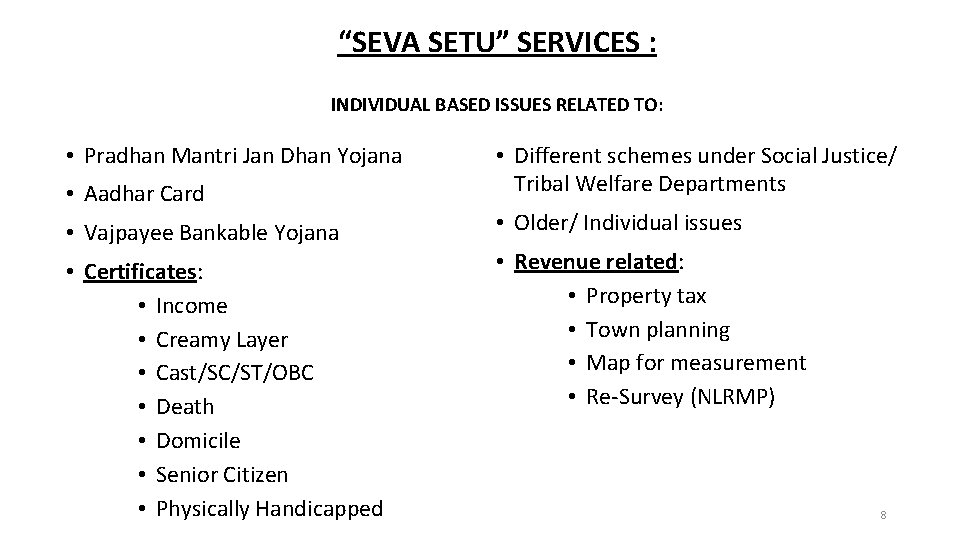 “SEVA SETU” SERVICES : INDIVIDUAL BASED ISSUES RELATED TO: • Pradhan Mantri Jan Dhan