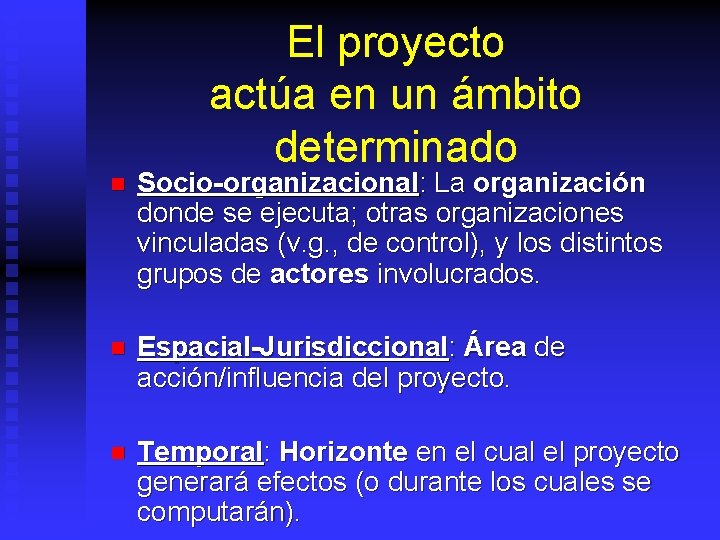 El proyecto actúa en un ámbito determinado n Socio-organizacional: La organización donde se ejecuta;