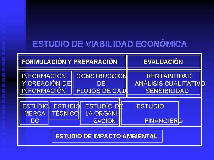 ESTUDIO DE VIABILIDAD ECONÓMICA FORMULACIÓN Y PREPARACIÓN EVALUACIÓN INFORMACIÓN CONSTRUCCIÓN RENTABILIDAD Y CREACIÓN DE