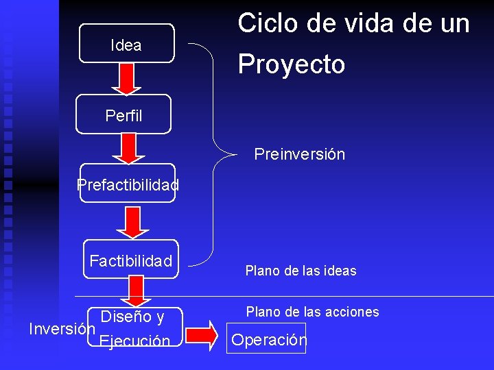 Idea Ciclo de vida de un Proyecto Perfil Preinversión Prefactibilidad Factibilidad Diseño y Inversión