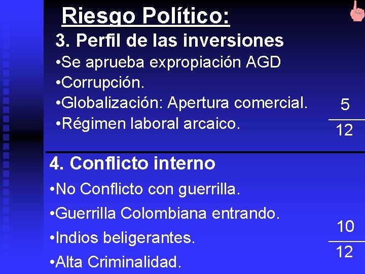 Riesgo Político: 3. Perfil de las inversiones • Se aprueba expropiación AGD • Corrupción.