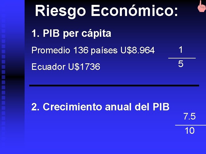 Riesgo Económico: 1. PIB per cápita Promedio 136 países U$8. 964 1 Ecuador U$1736