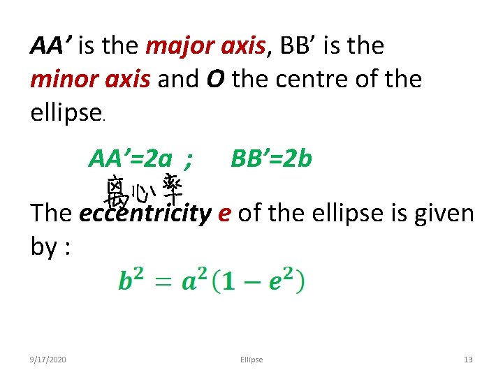 AA’ is the major axis, BB’ is the minor axis and O the centre