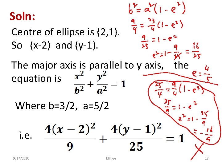 Soln: Centre of ellipse is (2, 1). So (x-2) and (y-1). The major axis