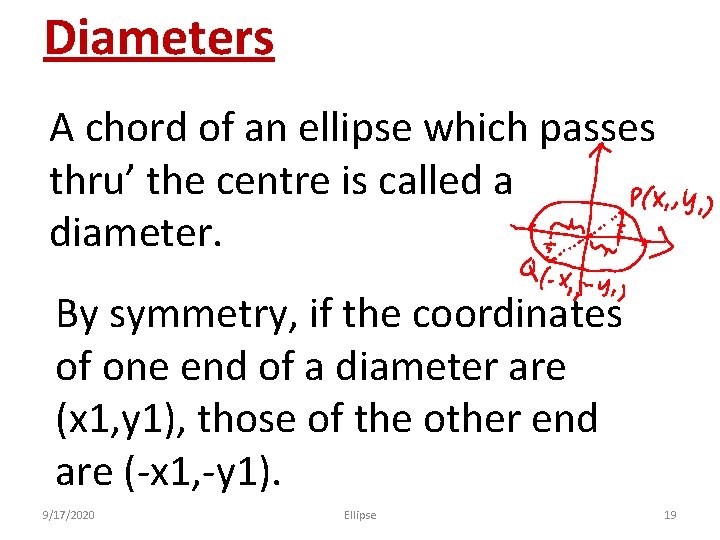 Diameters A chord of an ellipse which passes thru’ the centre is called a