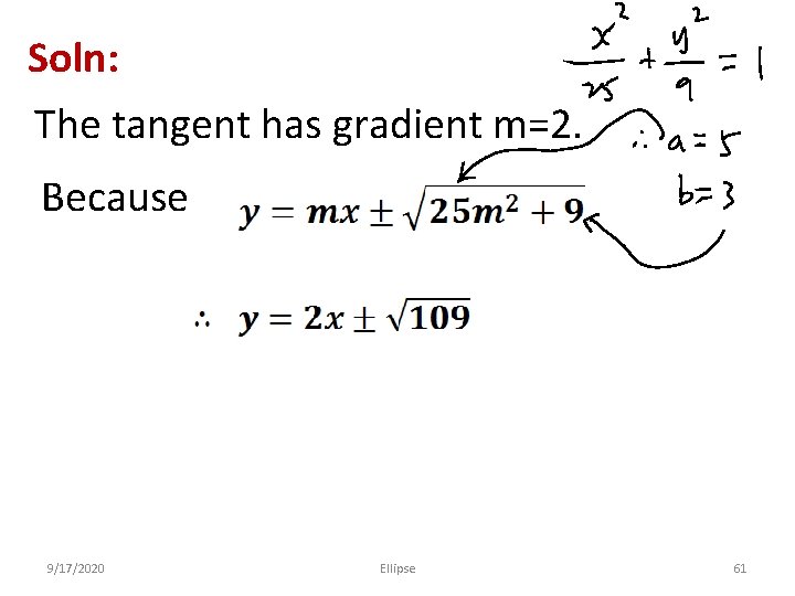 Soln: The tangent has gradient m=2. Because 9/17/2020 Ellipse 61 