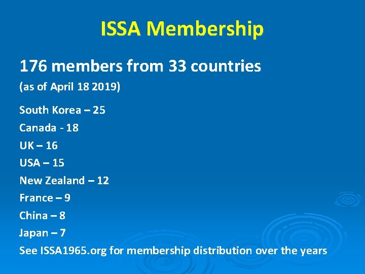 ISSA Membership 176 members from 33 countries (as of April 18 2019) South Korea