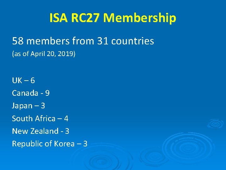 ISA RC 27 Membership 58 members from 31 countries (as of April 20, 2019)