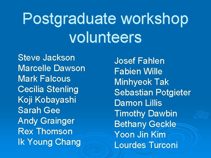 Postgraduate workshop volunteers Steve Jackson Marcelle Dawson Mark Falcous Cecilia Stenling Koji Kobayashi Sarah