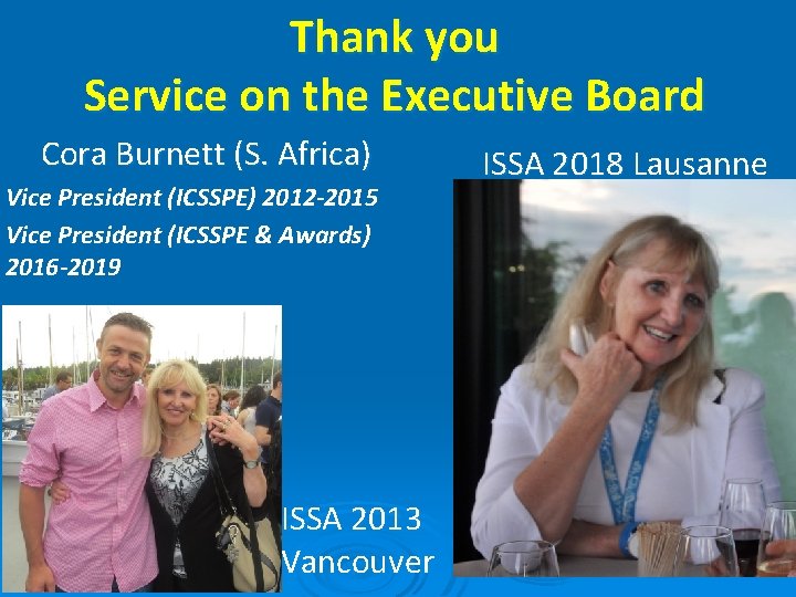 Thank you Service on the Executive Board Cora Burnett (S. Africa) Vice President (ICSSPE)