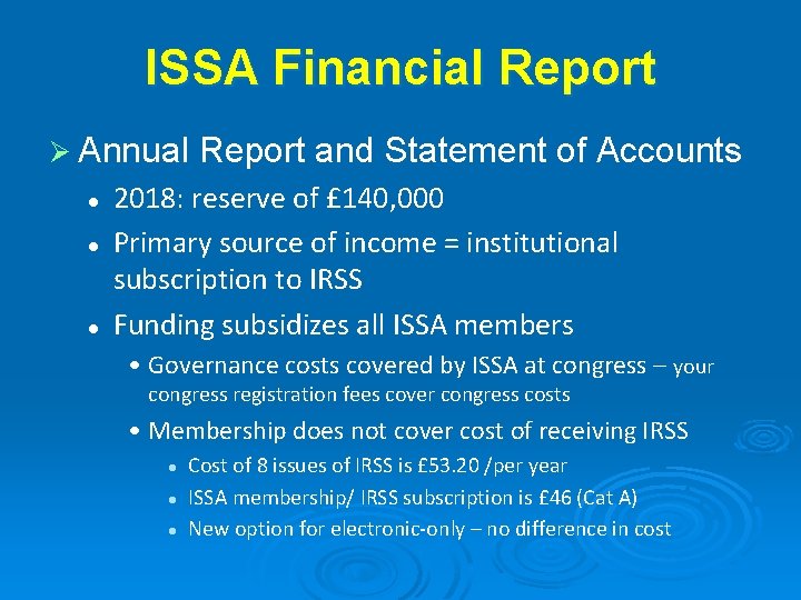 ISSA Financial Report Ø Annual l Report and Statement of Accounts 2018: reserve of