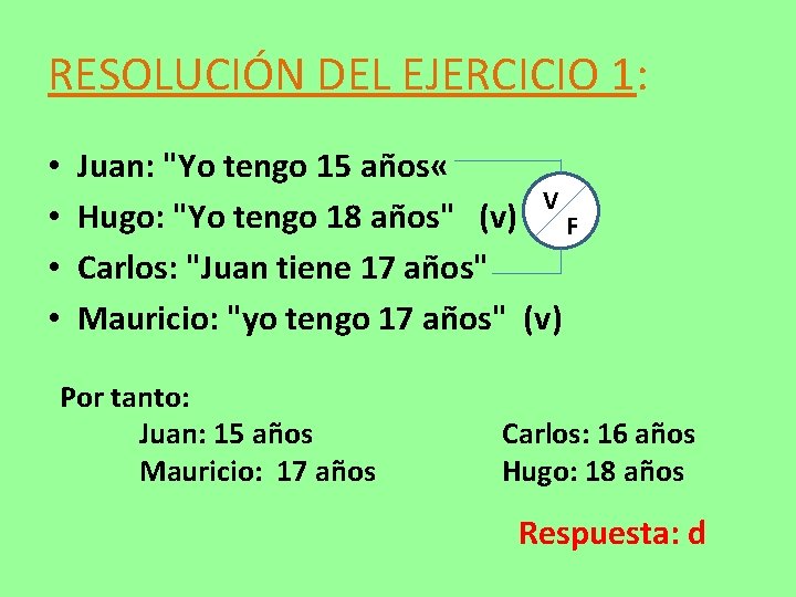 RESOLUCIÓN DEL EJERCICIO 1: • • Juan: "Yo tengo 15 años « V Hugo: