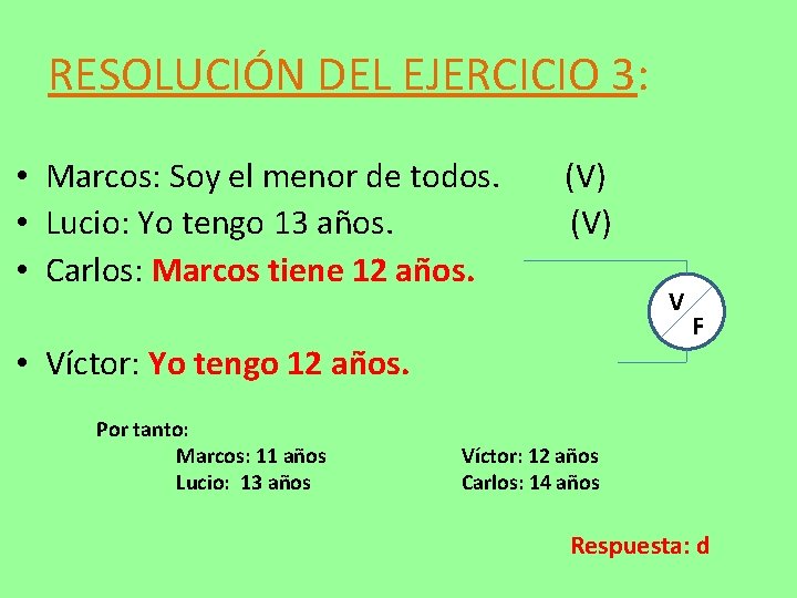 RESOLUCIÓN DEL EJERCICIO 3: • Marcos: Soy el menor de todos. (V) • Lucio: