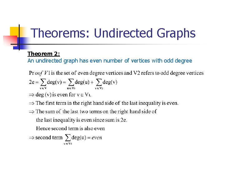Theorems: Undirected Graphs Theorem 2: An undirected graph has even number of vertices with