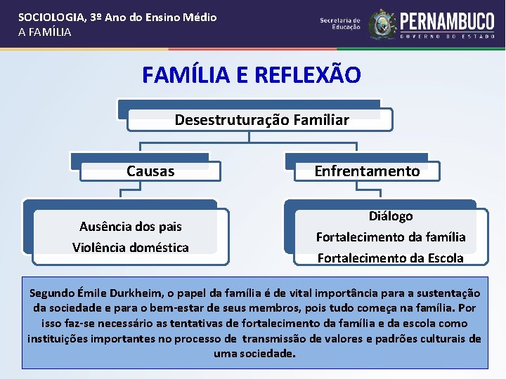 SOCIOLOGIA, 3º Ano do Ensino Médio A FAMÍLIA E REFLEXÃO Desestruturação Familiar Causas Ausência