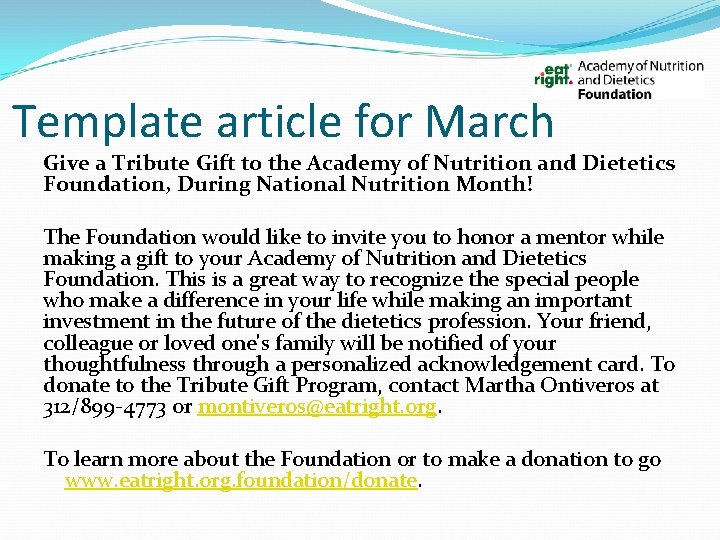 Template article for March Give a Tribute Gift to the Academy of Nutrition and