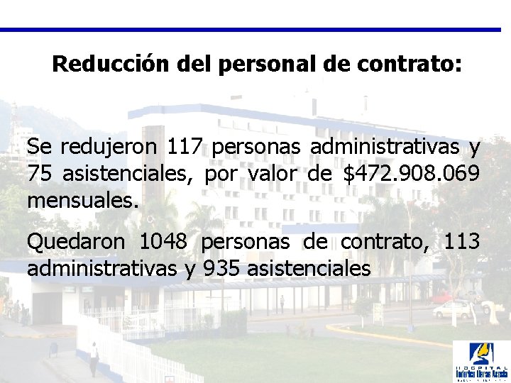 Reducción del personal de contrato: Se redujeron 117 personas administrativas y 75 asistenciales, por