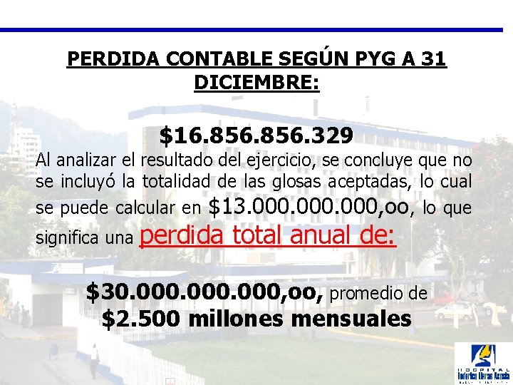 PERDIDA CONTABLE SEGÚN PYG A 31 DICIEMBRE: $16. 856. 329 Al analizar el resultado