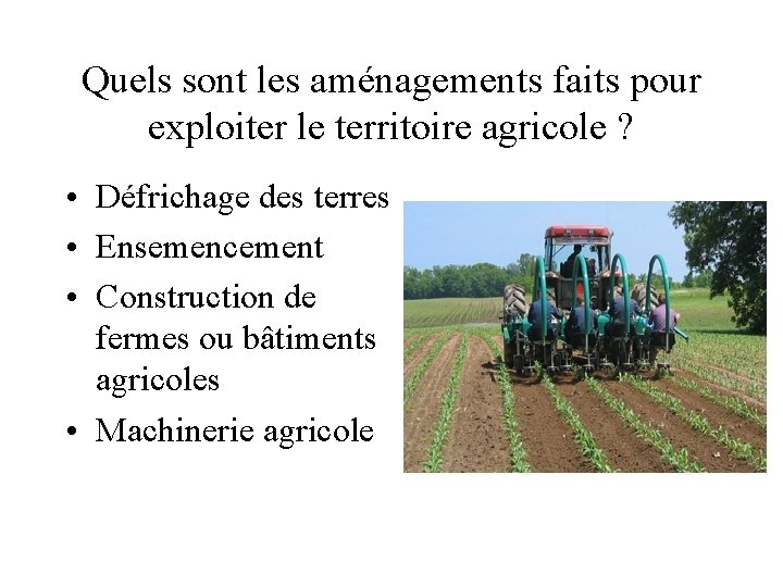 Quels sont les aménagements faits pour exploiter le territoire agricole ? • Défrichage des