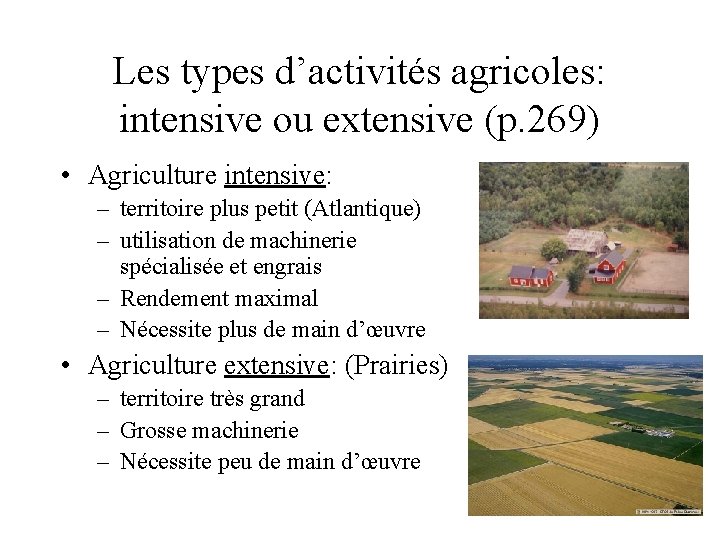 Les types d’activités agricoles: intensive ou extensive (p. 269) • Agriculture intensive: – territoire