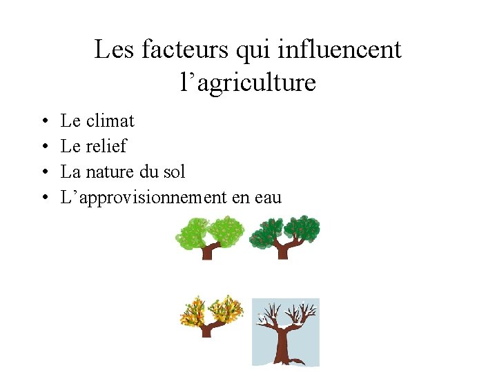 Les facteurs qui influencent l’agriculture • • Le climat Le relief La nature du