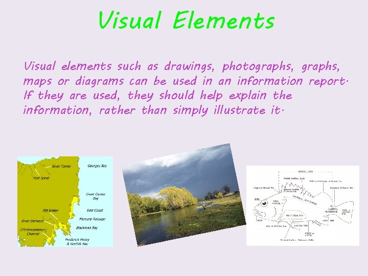 Visual Elements Visual elements such as drawings, photographs, maps or diagrams can be used