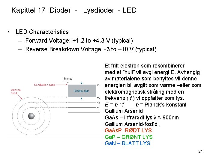 Kapittel 17 Dioder - Lysdioder - LED • LED Characteristics – Forward Voltage: +1.