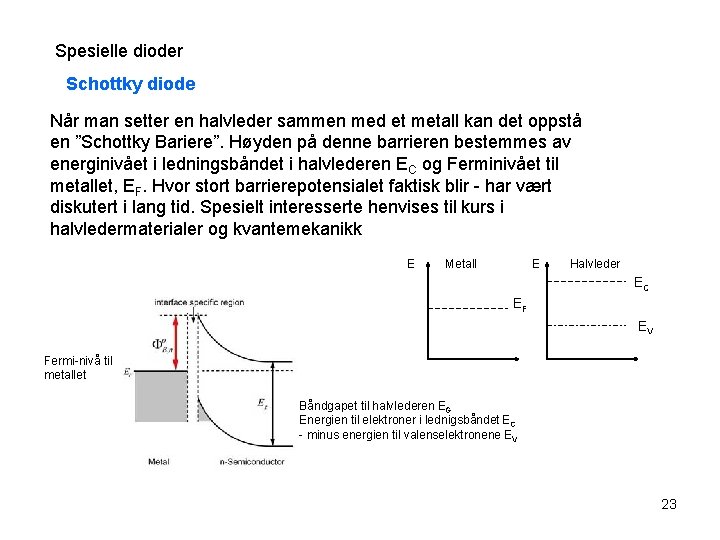 Spesielle dioder Schottky diode Når man setter en halvleder sammen med et metall kan