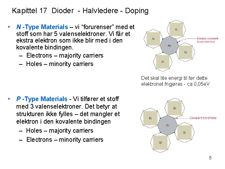 Kapittel 17 Dioder - Halvledere - Doping • N -Type Materials – vi “forurenser” Kapittel 17 Dioder - Halvledere - Doping • N -Type Materials – vi “forurenser”
