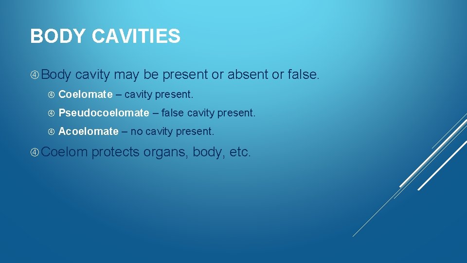 BODY CAVITIES Body cavity may be present or absent or false. Coelomate – cavity