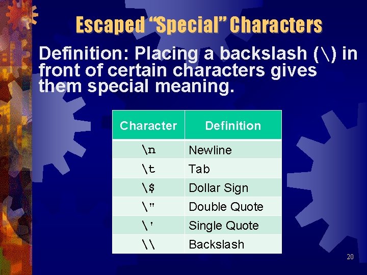 Escaped “Special” Characters Definition: Placing a backslash () in front of certain characters gives