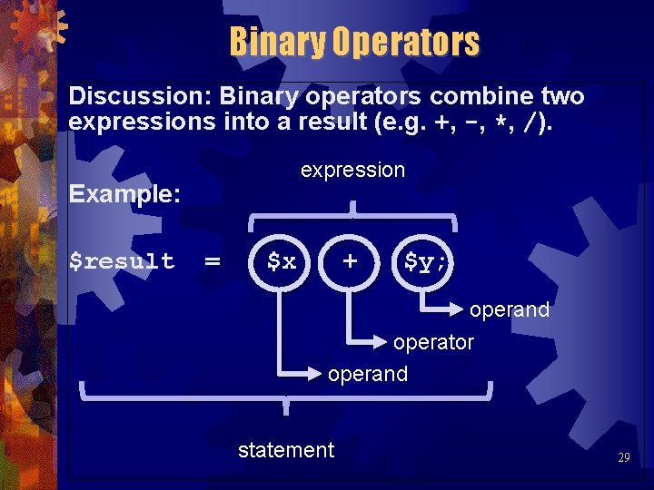 Binary Operators Discussion: Binary operators combine two expressions into a result (e. g. +,