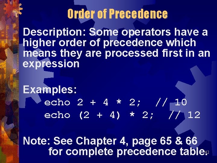 Order of Precedence Description: Some operators have a higher order of precedence which means
