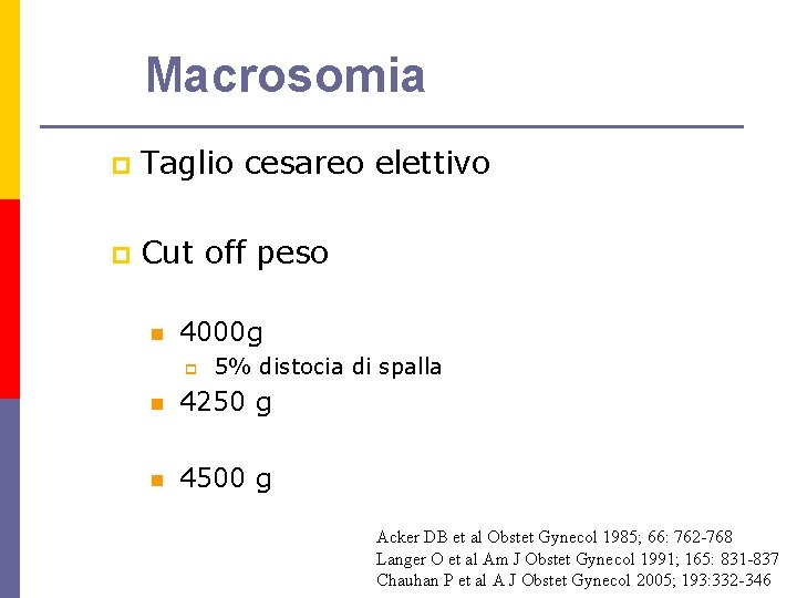 Macrosomia p Taglio cesareo elettivo p Cut off peso n 4000 g p 5%