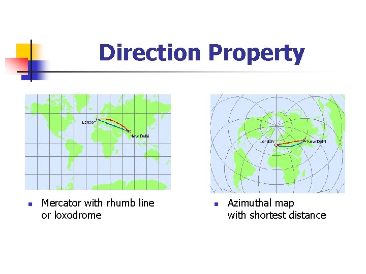 Direction Property n Mercator with rhumb line or loxodrome n Azimuthal map with shortest