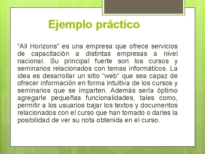 Ejemplo práctico “All Horizons” es una empresa que ofrece servicios de capacitación a distintas